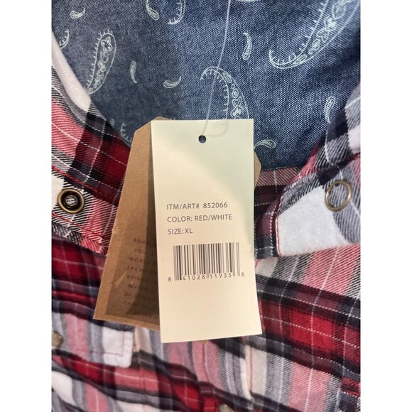 Red White Black Plaid Button Down Flannel Shirt Long Sleeve Snap Pockets XL - Picture 8 of 10